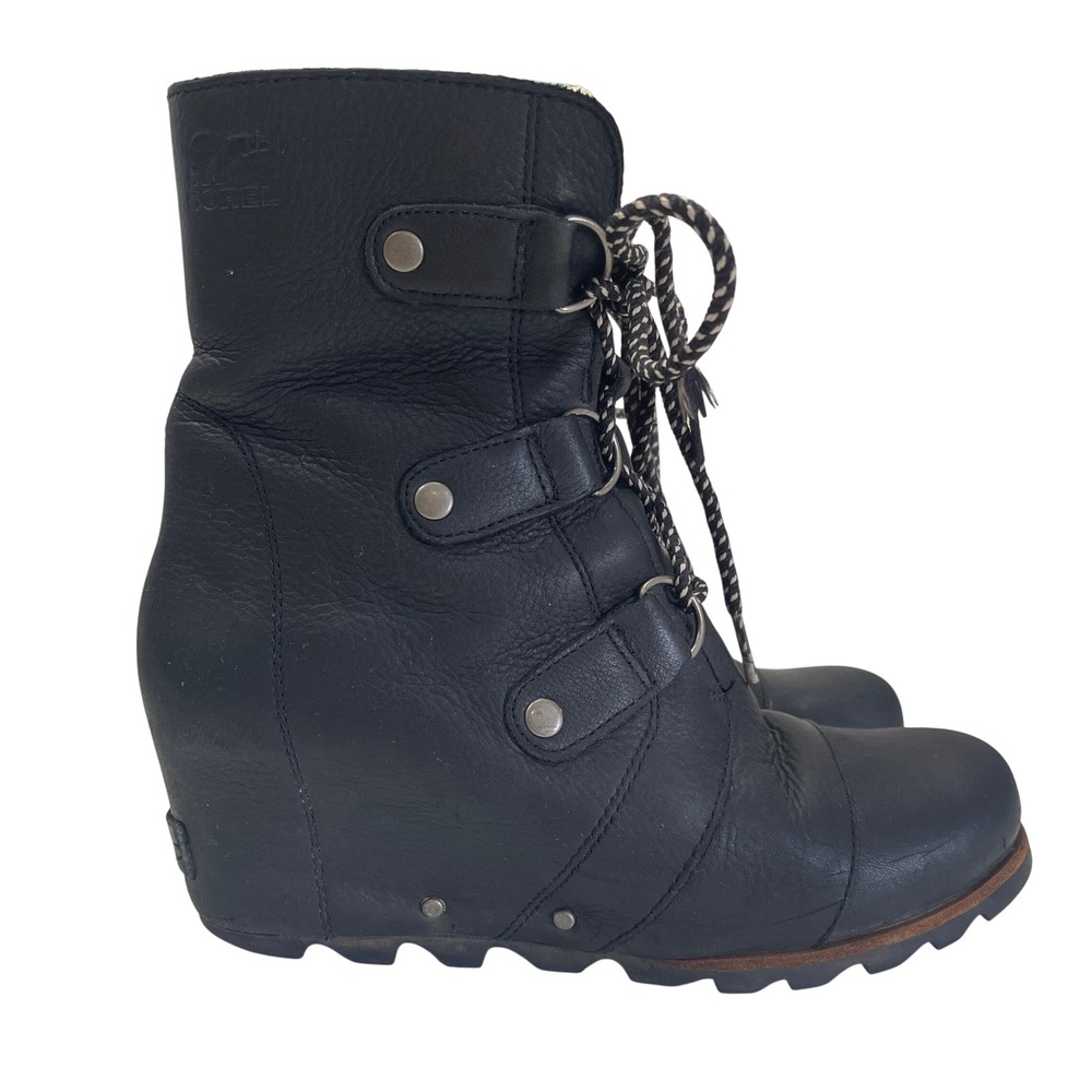 Sorel Joan of Arctic Mid Shearling Boots 8.5 Black Leather Wedge NL2703-010